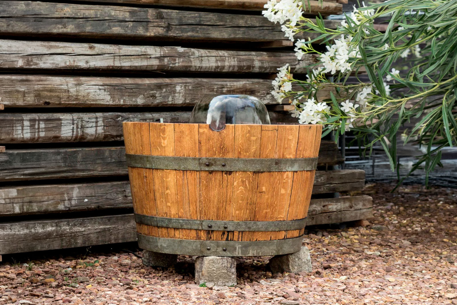 Mini-Teich aus dem Weinfass